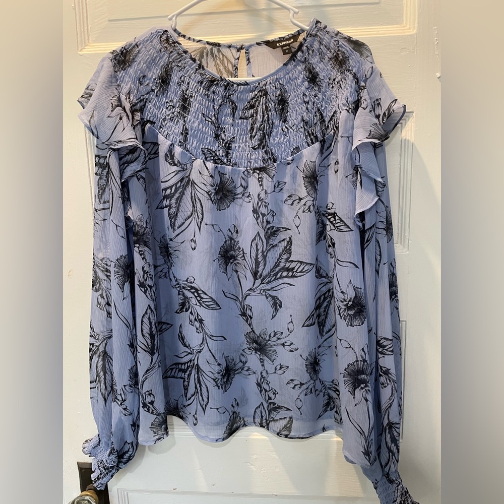 Express Blue Floral Blouse With Ruffle Detail, Size XL